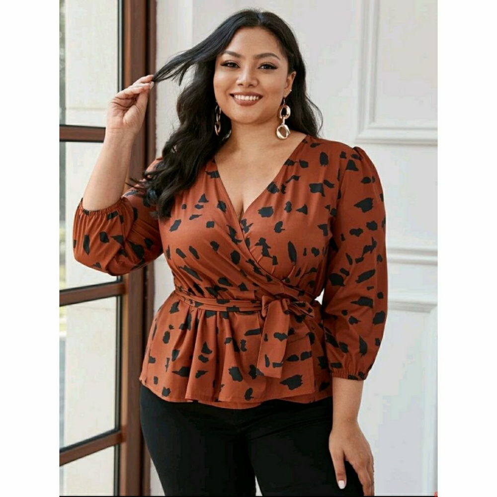 Brown & Black Print Wrap Top with Sash